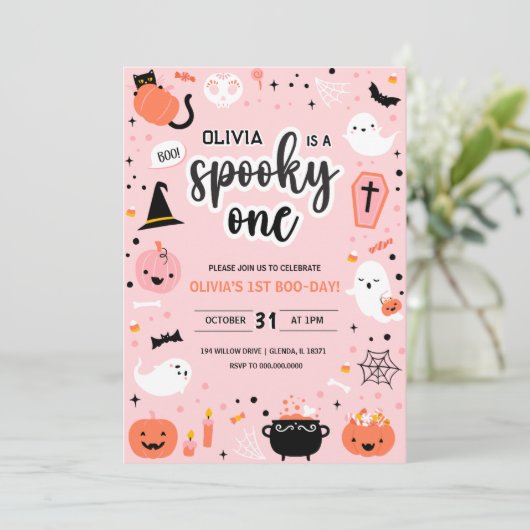 Pink and Orange Halloween 1st Birthday Invitation  Kaart (Staand voorkant)