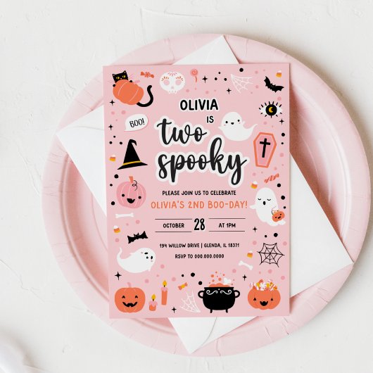Pink and Orange Halloween 2nd Birthday Invitation  Kaart