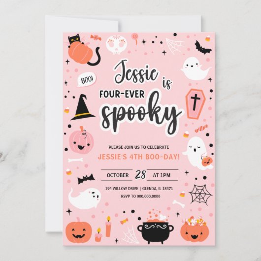 Pink and Orange Halloween 4th Birthday Invitation  Kaart (Voorkant)