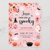 Pink and Orange Halloween 4th Birthday Invitation  Kaart (Voorkant / Achterkant)