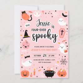 Pink and Orange Halloween 4th Birthday Invitation Kaart