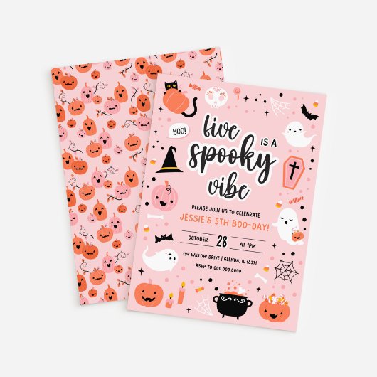 Pink and Orange Halloween 5th Birthday Invitation  Kaart