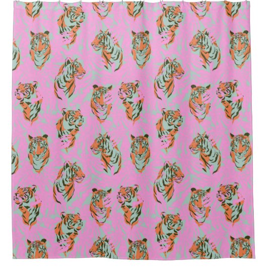 Pink and Orange Tiger Jungle Maximalist Pattern Douchegordijn (Voorkant)