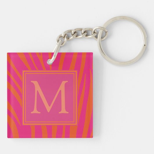 Pink and Orange Zebra Stripes Monogram Sleutelhanger (Achterkant)