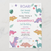 Pink and Pastel Girls Dinosaur Birthday Invitation Kaart (Voorkant)