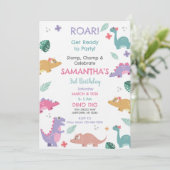Pink and Pastel Girls Dinosaur Birthday Invitation Kaart (Staand voorkant)