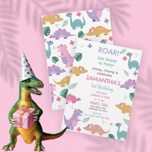 Pink and Pastel Girls Dinosaur Birthday Invitation Kaart