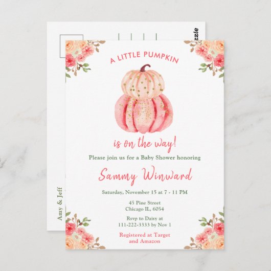 Pink and Peach Pumpkins Baby shower Briefkaart (Voorkant / Achterkant)