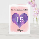 Pink and Purple 15th Birthday Granddaughter Kaart<br><div class="desc">A watercolor pink and purple 15th birthday granddaughter card, which features a watercolor heart against pink watercolor. You can personalize the heart with the age you need and add her name underneath the heart. The inside message can be easily edited if wanted. The back of the card has a smaller...</div>