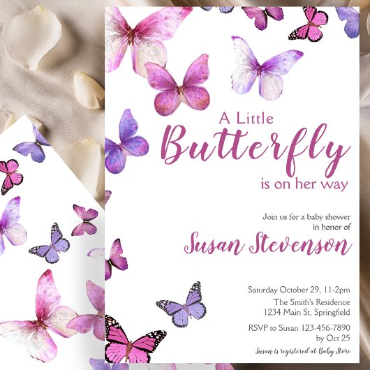 Pink and Purple A Little Butterfly Baby Shower Kaart