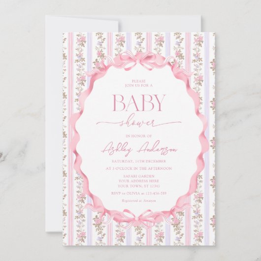 Pink and Purple Floral Vintage Baby Girl Shower Kaart (Voorkant)