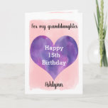 Pink and Purple Happy 15th Birthday Granddaughter Kaart<br><div class="desc">A pretty purple and pink 15th birthday granddaughter card that features a watercolor heart against a pretty pink watercolor, which you can personalize underneath the heart with her name. The inside of this watercoconti birthday card reads a heartfelt opinion, which an be easily personalized. The back features the heart along...</div>