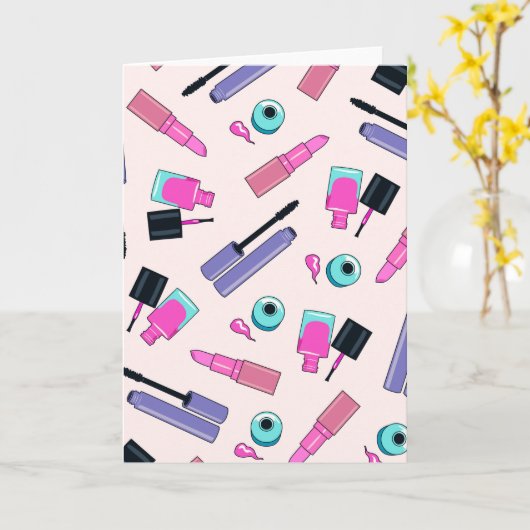 Pink and Purple Make Up Cosmetics Pattern Kaart (Gele Bloem)
