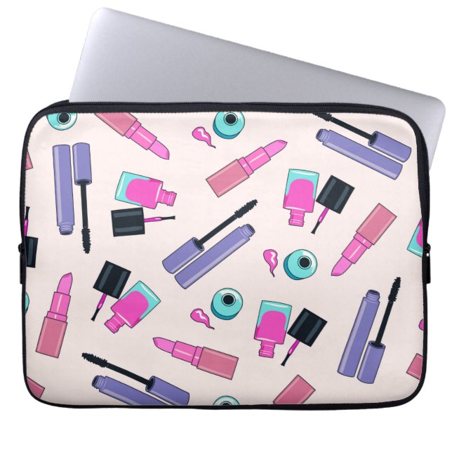 Pink and Purple Make Up Cosmetics Pattern Laptop Sleeve (Voorkant)
