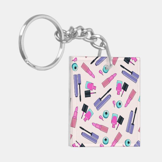 Pink and Purple Make Up Cosmetics Pattern Sleutelhanger (Voorkant Links)