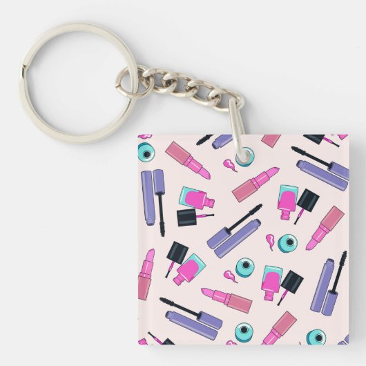 Pink and Purple Make Up Cosmetics Pattern Sleutelhanger (Voorkant)