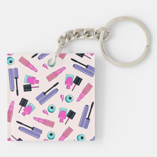 Pink and Purple Make Up Cosmetics Pattern Sleutelhanger (Achterkant)