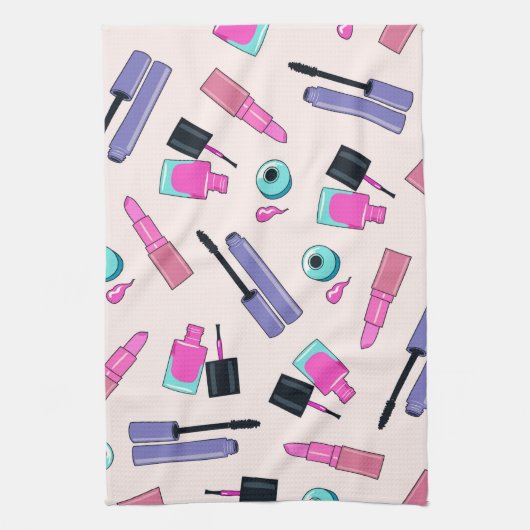 Pink and Purple Make Up Cosmetics Pattern Theedoek (Verticaal)