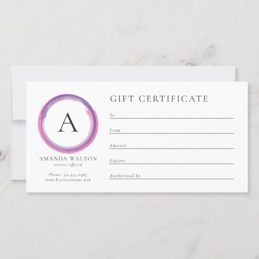 Pink and Purple Monogram Business Gift Certificate (Voorkant)
