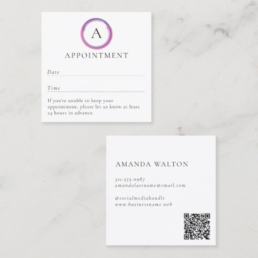 Pink and Purple Monogram QR Code Modern Afsprakenkaartje (Voorkant / Achterkant)