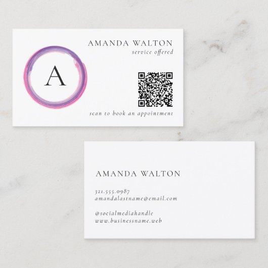 Pink and Purple Monogram QR Code Modern Visitekaartje (Voorkant / Achterkant)