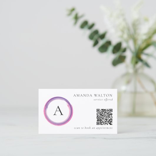 Pink and Purple Monogram QR Code Modern Visitekaartje (Staand voorkant)
