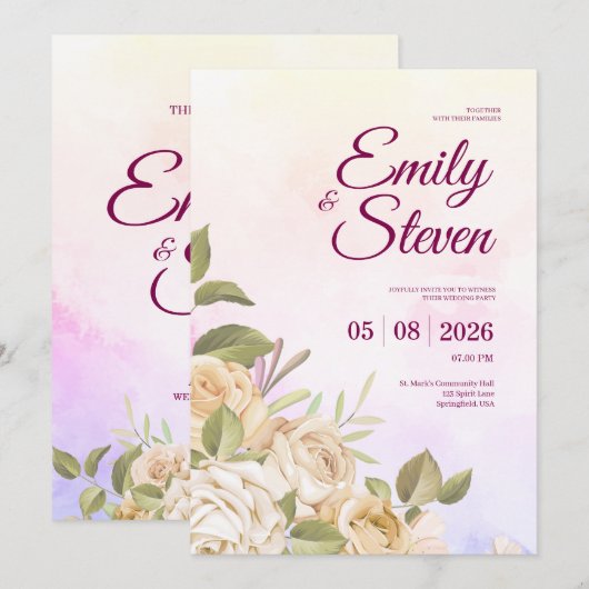 Pink and Purple Watercolor Elegance Wedding Kaart (Voorkant / Achterkant)