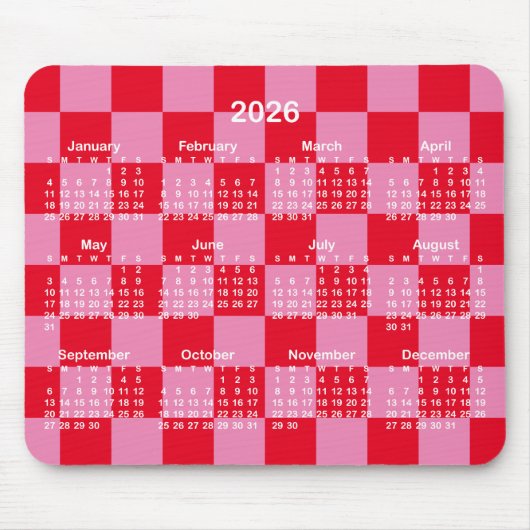 Pink and Red Checkerboard 2026 Calendar Muismat (Voorkant)