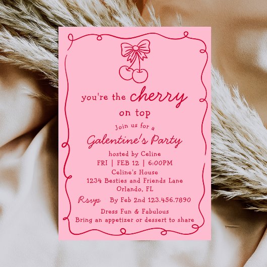 Pink and Red Cherry On Top Galentines Dinner Party Kaart