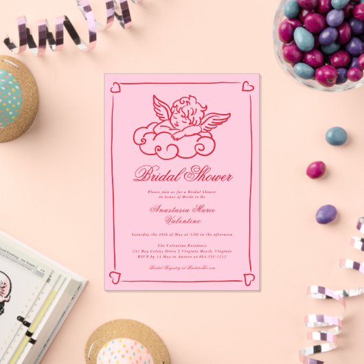 Pink and Red Cherub Whimsical Bridal Shower  Acryl Uitnodigingen (Insitu (Viering))
