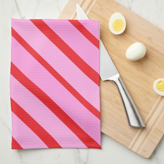 Pink and Red Diagonal Stripes  Theedoek (Quarter Fold)