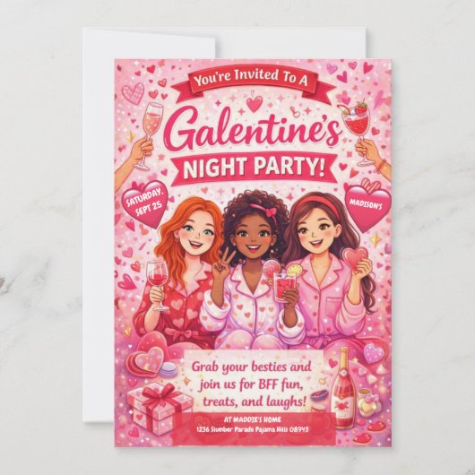 Pink and Red Galentine's Night Party Invitation Kaart (Voorkant)