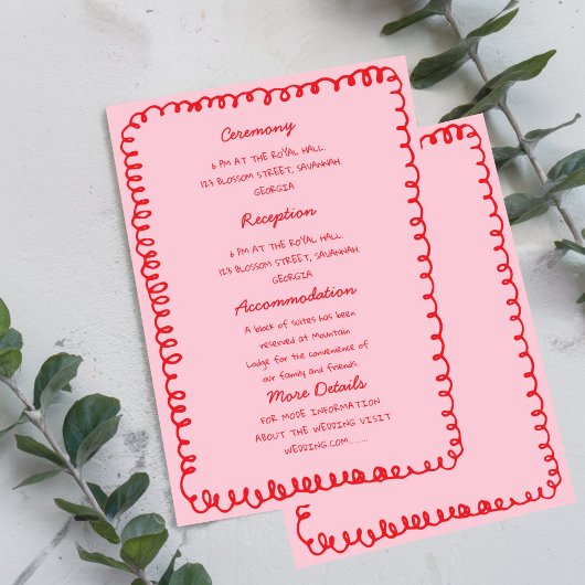 Pink and Red hand drawn heart Whimsical Wedding  Kaart