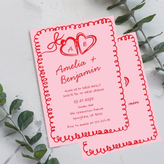 pink and red hand drawn heart Whimsical Wedding  Kaart