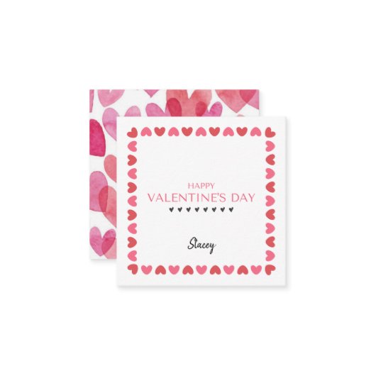 Pink and Red Heart Square Enclosure Valentine Card Informatiekaartje (Voorkant / Achterkant in situ)