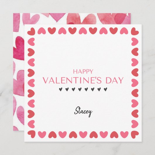 Pink and Red Heart Square Valentine Card (Voorkant / Achterkant)