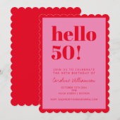Pink and Red Modern 50th Scalloped Birthday Party Kaart (Voorkant / Achterkant)