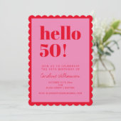 Pink and Red Modern 50th Scalloped Birthday Party Kaart (Staand voorkant)
