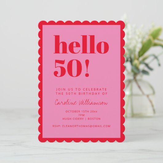 Pink and Red Modern 50th Scalloped Birthday Party Kaart (Staand voorkant)