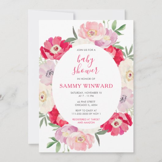 Pink and Red Peony Flowers Baby Shower Kaart (Voorkant)