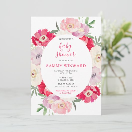 Pink and Red Peony Flowers Baby Shower Kaart (Staand voorkant)