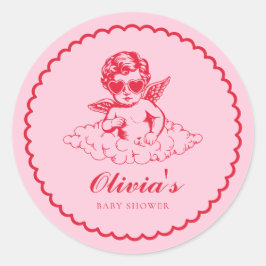 Pink and Red Retro Cherub Baby Shower Ronde Sticker