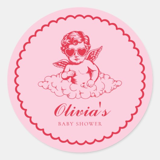 Pink and Red Retro Cherub Baby Shower Ronde Sticker (Voorkant)