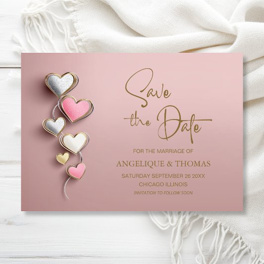 Pink and Silver Hearts Wedding Save the Date