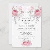 Pink and Silver Peony Florals Wedding Kaart (Voorkant)