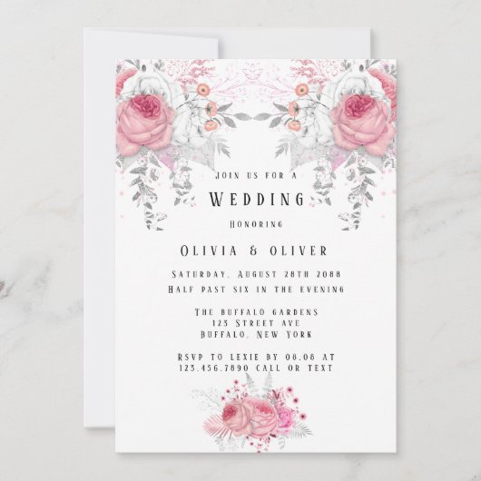 Pink and Silver Peony Florals Wedding Kaart (Voorkant)