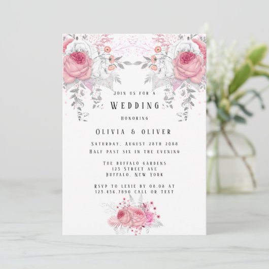 Pink and Silver Peony Florals Wedding Kaart (Staand voorkant)