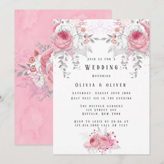 Pink and Silver Peony Florals Wedding Kaart (Voorkant / Achterkant)