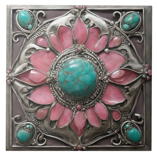 Pink and Teal Art Nouveau Mosaic Tile Pattern Tegeltje (Voorkant)