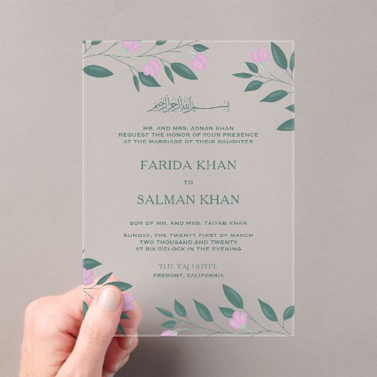 Pink and Teal Green Branch Islamic Muslim Wedding Acryl Uitnodigingen (Insitu (Draagbaar))
